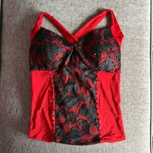 Y2K Red & Black Studded Cross-Back Lace Top
